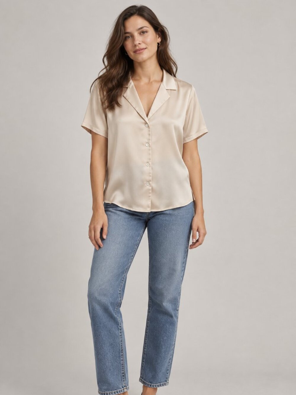 Rachel Zoe Champagne Satin Button Down Blouse S Short Sleeve Notch Collar